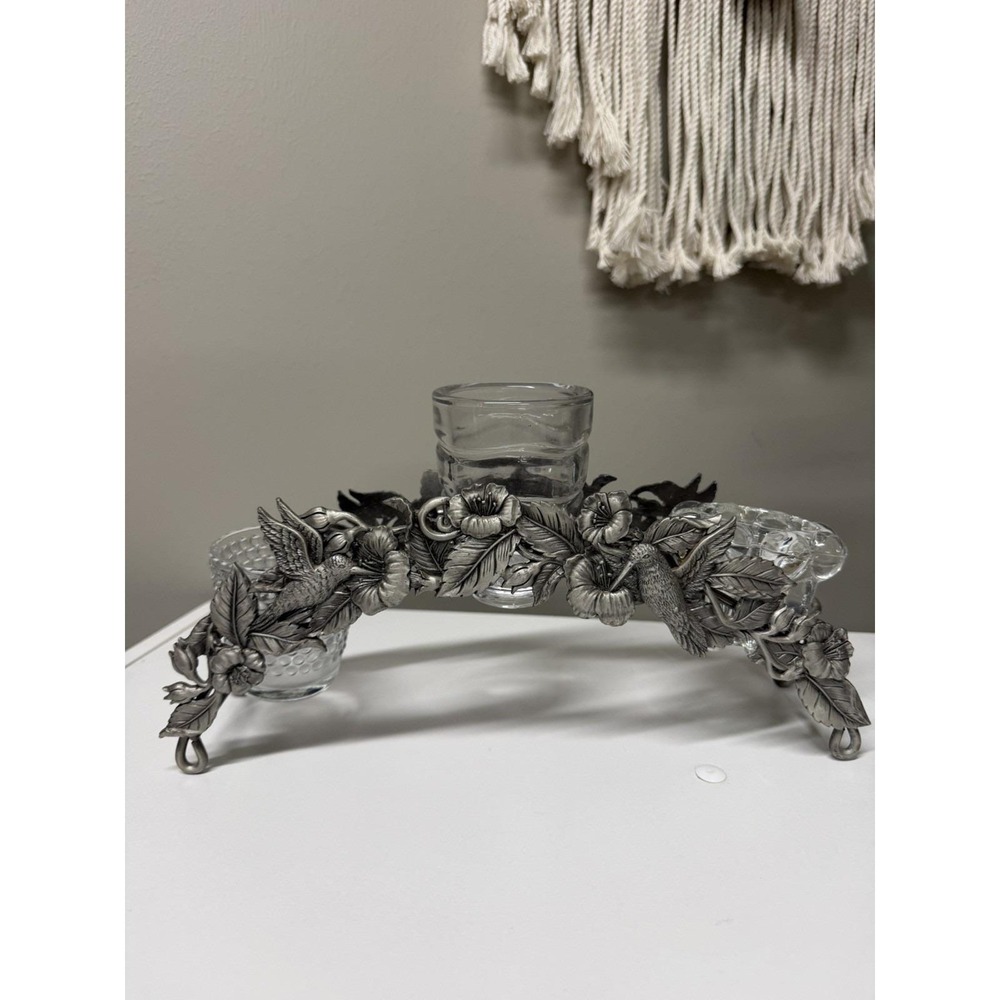 Vintage Spoontiques Pewter Hummingbird Flowers Tea-Light Votive Holder arch